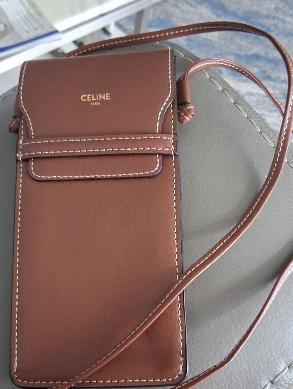 Celine Brown Leather Crossbody Phone Pouch with Contrast Stitching